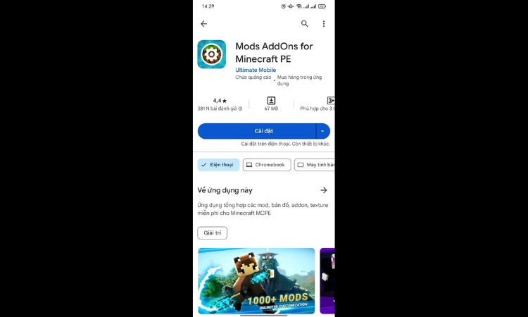 Cài đặt ứng dụng mod Minecraft PE về điện thoại