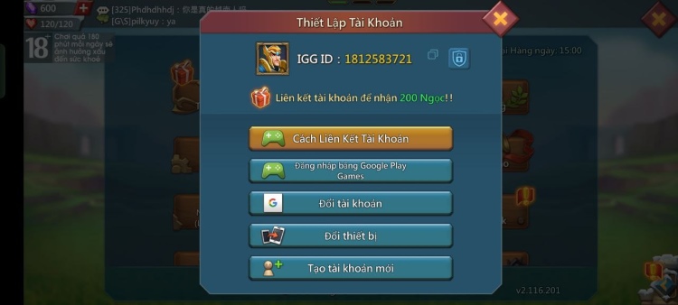 Chọn Đổi thiết bị để chuyển đổi tài khoản Lords Mobile
