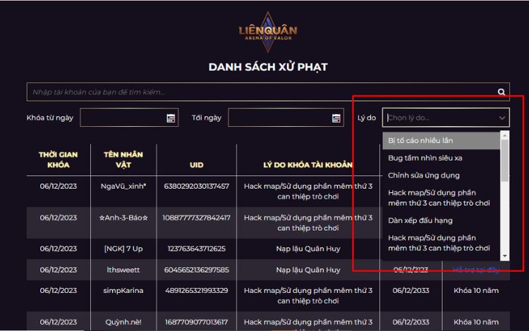 loc-xem-ly-do-bi-phat Lọc danh sách bằng cách lựa chọn lý do khi phạt