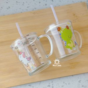 Cốc thuỷ tinh chia vạch kèm nắp + vòi cho bé uống nước, uống sữa
